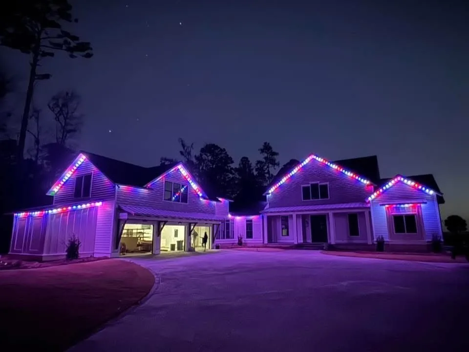 Permanent outdoor lighting mockup example using a colorful roofline display